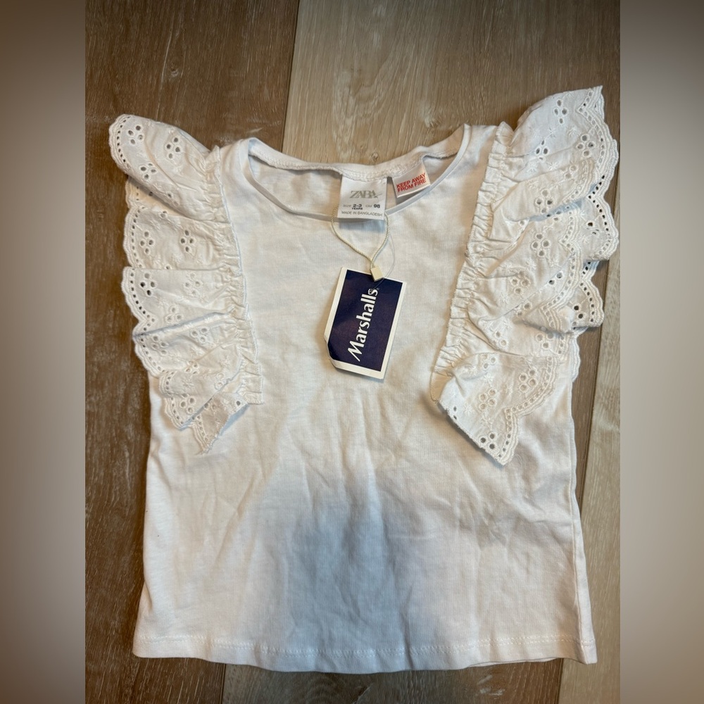 Zara White Eyelet Ruffle Sleeve Kids Top